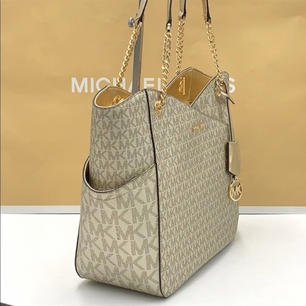 MICHAEL KORS LARGE X CHAIN SHOULDER TOTE BAG PALE GOLD COLOR - Picture 4 of 16